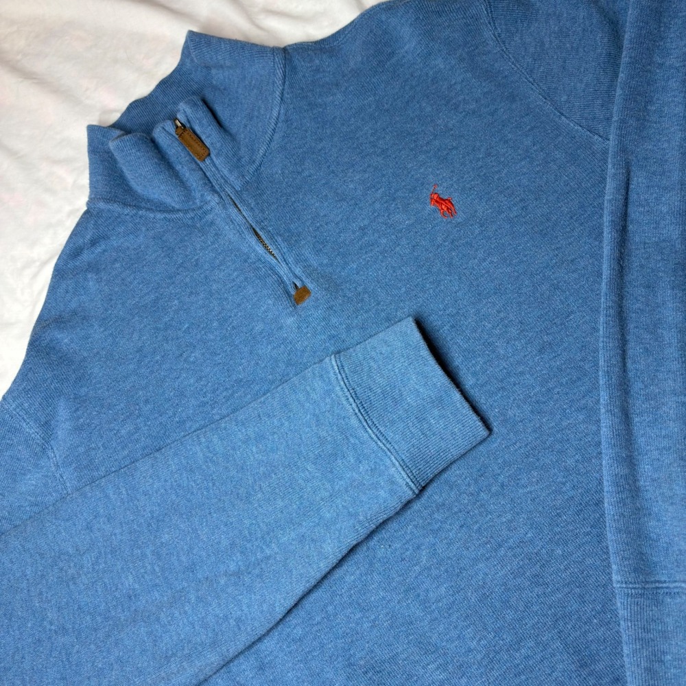 Polo Ralph Lauren Mens Blue Cotton Quarter Zip Sweater Large Red Pony Logo